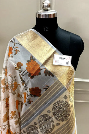 White Orange Printed Muga Silk Banarasi Saree