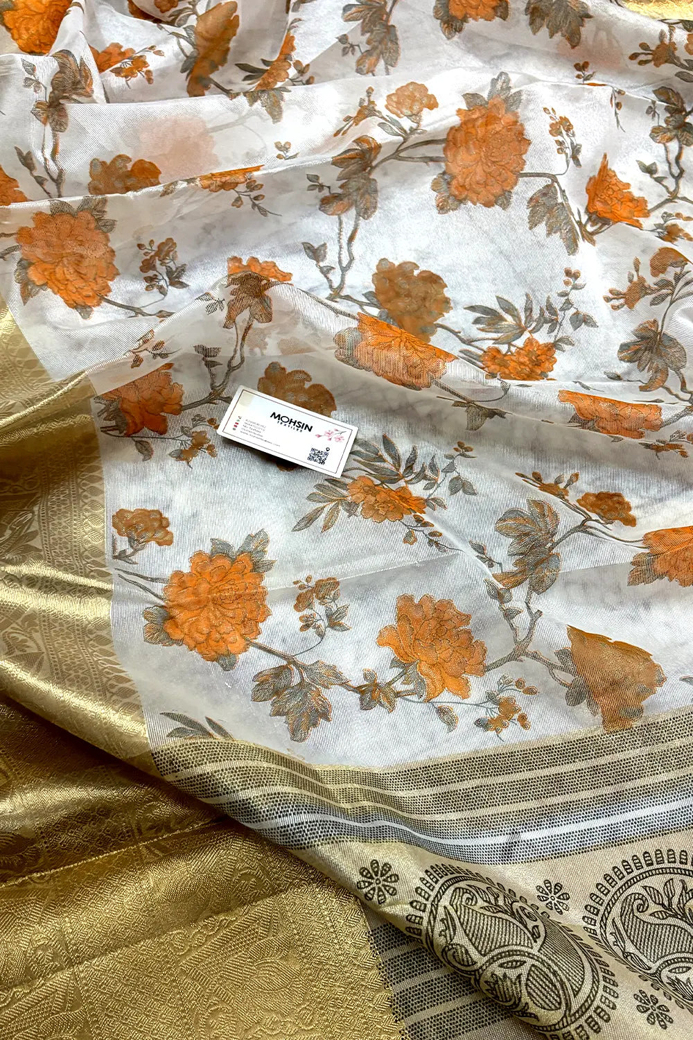 White Orange Printed Muga Silk Banarasi Saree