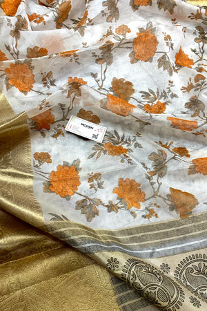 White Orange Printed Muga Silk Banarasi Saree