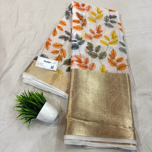 White Orange Printed Muga Silk Banarasi Saree