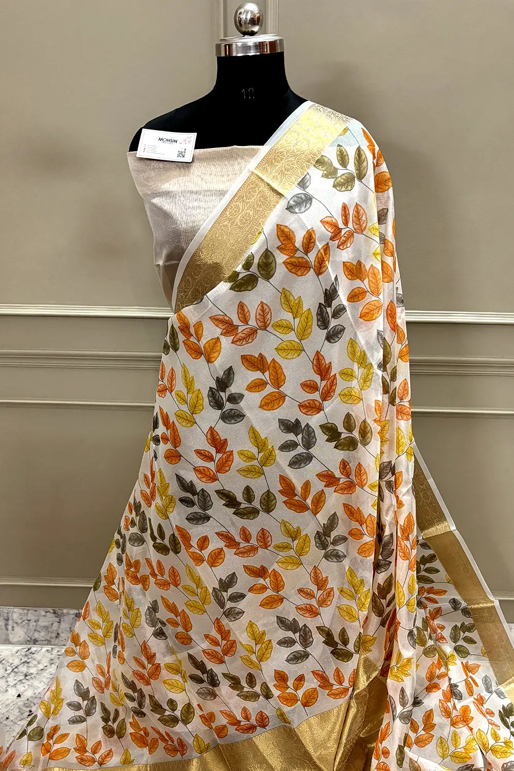 White Orange Printed Muga Silk Banarasi Saree