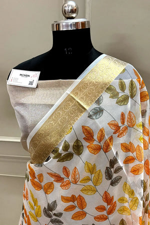 White Orange Printed Muga Silk Banarasi Saree