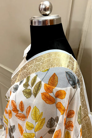 White Orange Printed Muga Silk Banarasi Saree