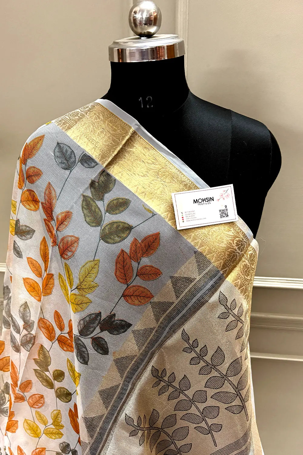 White Orange Printed Muga Silk Banarasi Saree