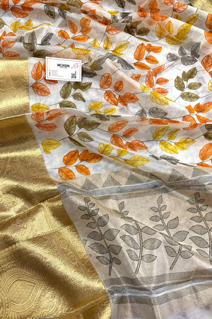 White Orange Printed Muga Silk Banarasi Saree