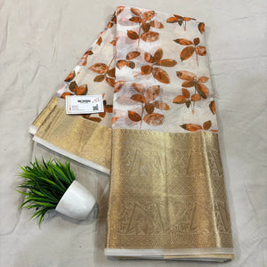 White Orange Printed Muga Silk Banarasi Saree