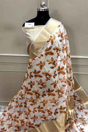 White Orange Printed Muga Silk Banarasi Saree