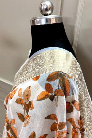 White Orange Printed Muga Silk Banarasi Saree