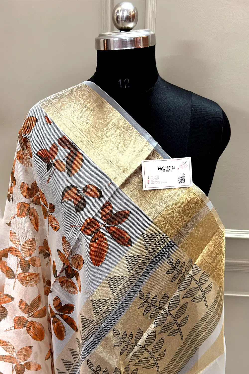 White Orange Printed Muga Silk Banarasi Saree