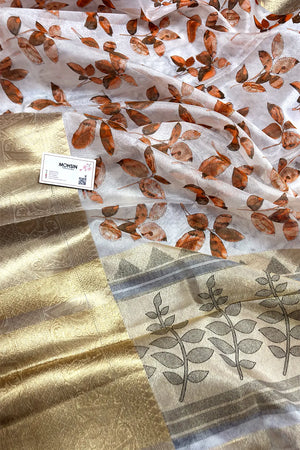 White Orange Printed Muga Silk Banarasi Saree
