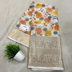 White Orange Printed Muga Silk Banarasi Saree