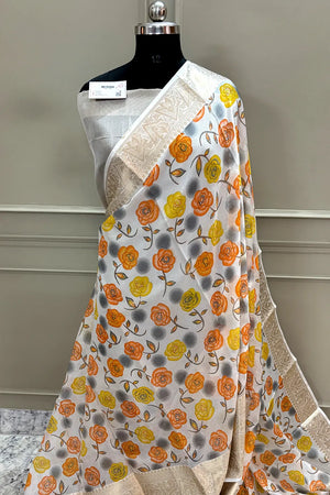 White Orange Printed Muga Silk Banarasi Saree