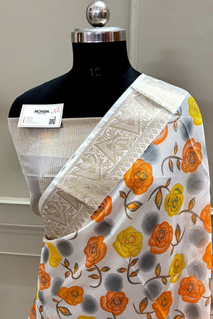 White Orange Printed Muga Silk Banarasi Saree