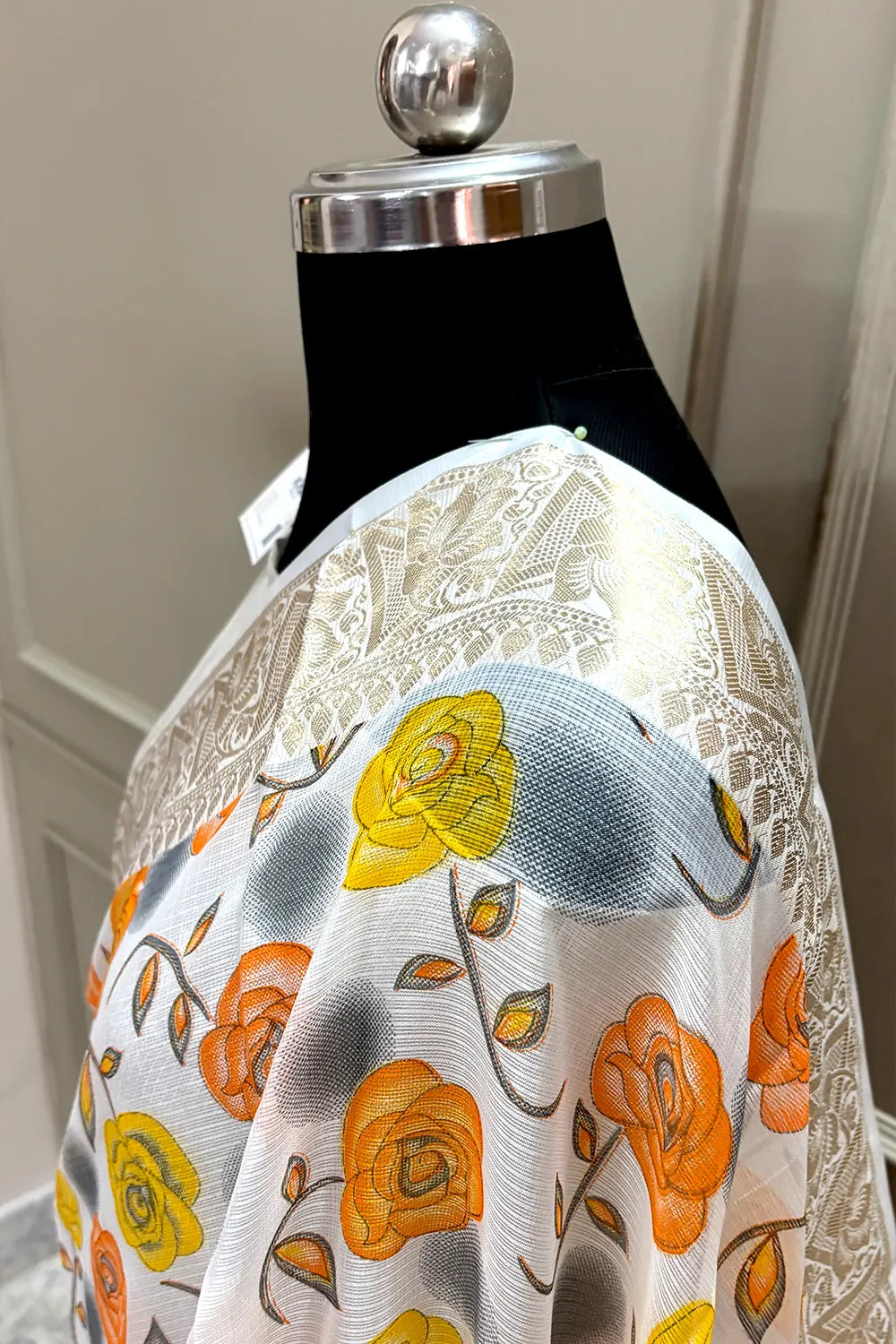 White Orange Printed Muga Silk Banarasi Saree