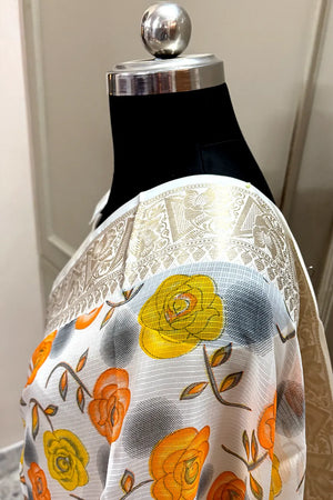 White Orange Printed Muga Silk Banarasi Saree