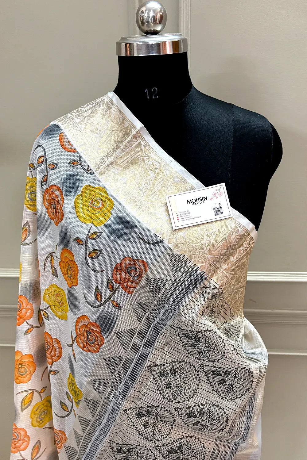 White Orange Printed Muga Silk Banarasi Saree