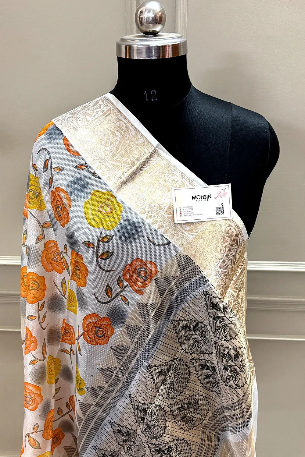 White Orange Printed Muga Silk Banarasi Saree