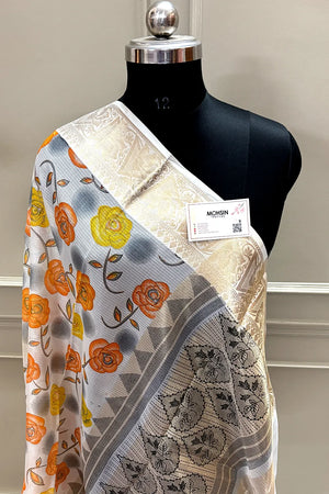 White Orange Printed Muga Silk Banarasi Saree