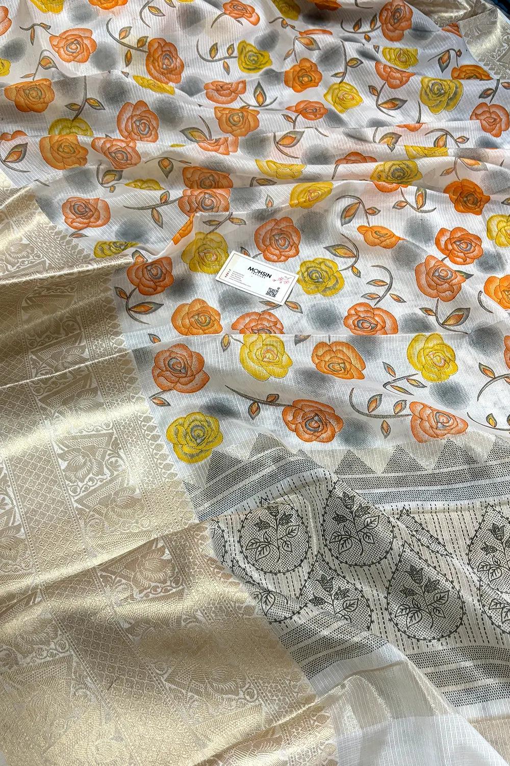White Orange Printed Muga Silk Banarasi Saree