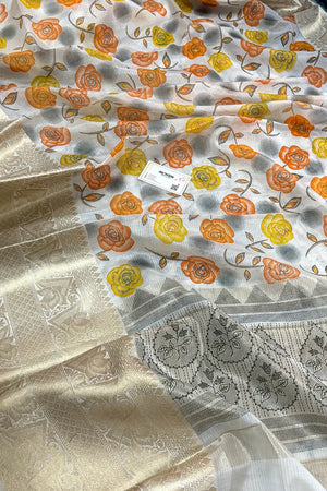 White Orange Printed Muga Silk Banarasi Saree
