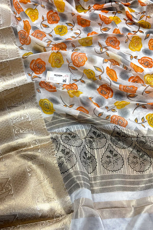 White Orange Printed Muga Silk Banarasi Saree