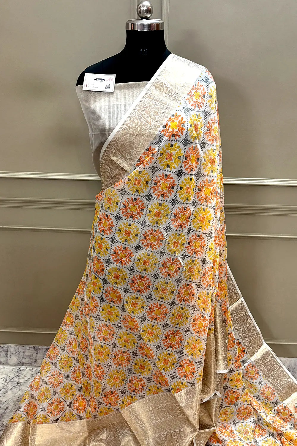 White Orange Printed Muga Silk Banarasi Saree