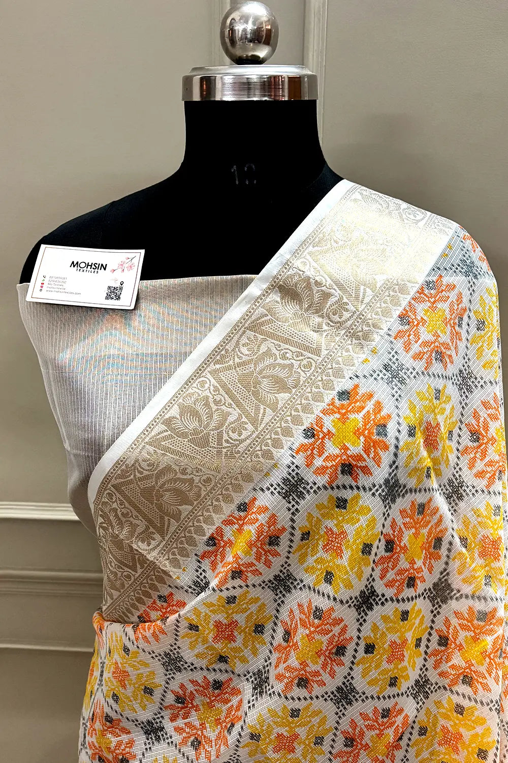 White Orange Printed Muga Silk Banarasi Saree