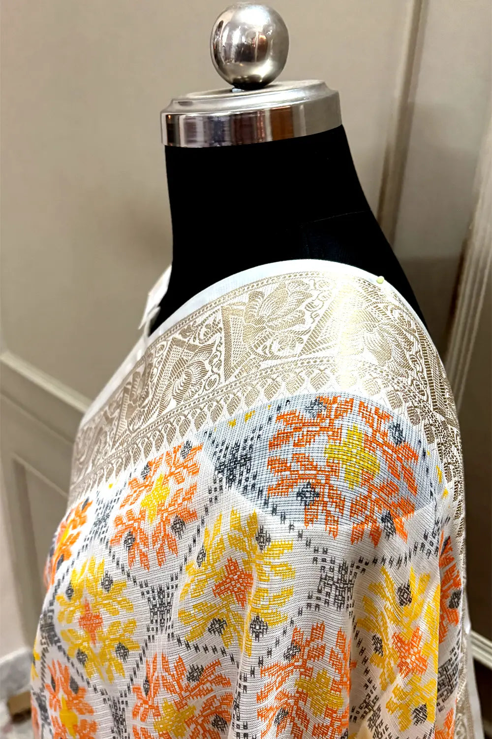 White Orange Printed Muga Silk Banarasi Saree
