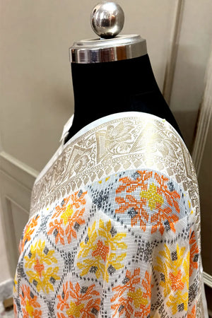 White Orange Printed Muga Silk Banarasi Saree
