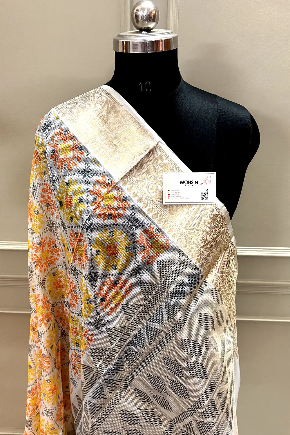 White Orange Printed Muga Silk Banarasi Saree