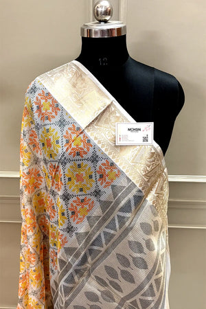 White Orange Printed Muga Silk Banarasi Saree