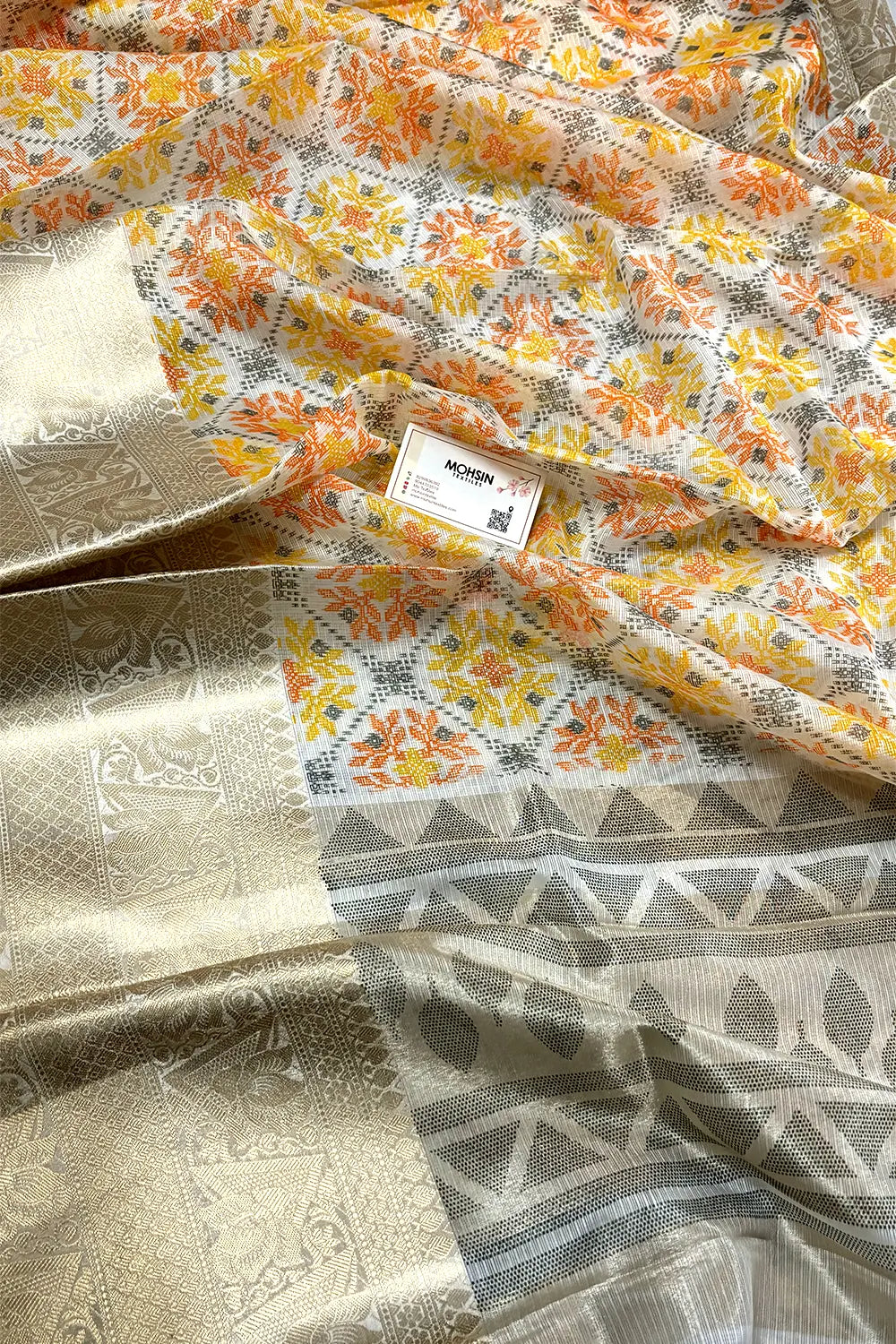 White Orange Printed Muga Silk Banarasi Saree
