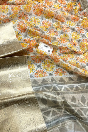 White Orange Printed Muga Silk Banarasi Saree
