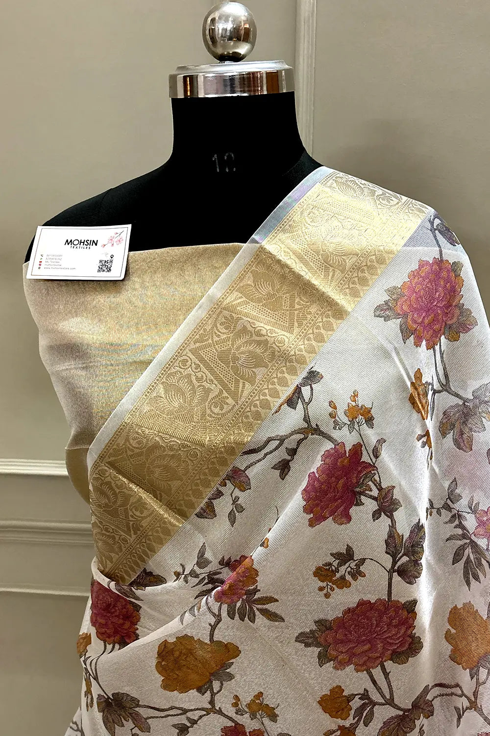 White Pink Printed Muga Silk Banarasi Saree