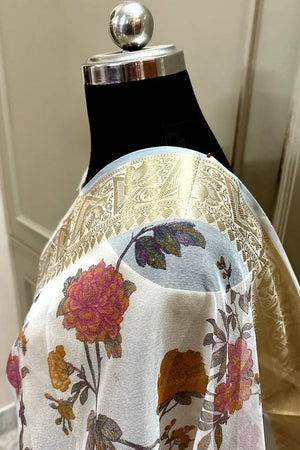 White Pink Printed Muga Silk Banarasi Saree