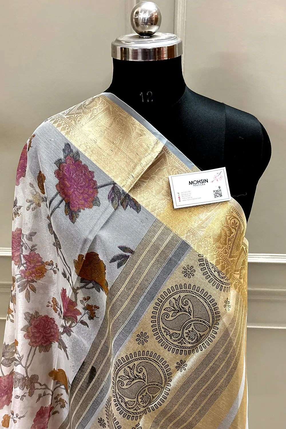 White Pink Printed Muga Silk Banarasi Saree