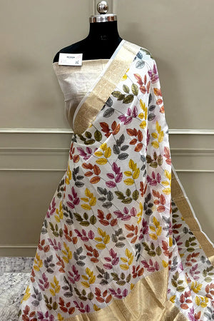 White Pink Printed Muga Silk Banarasi Saree