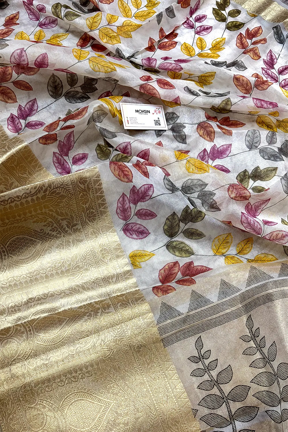 White Pink Printed Muga Silk Banarasi Saree