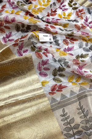 White Pink Printed Muga Silk Banarasi Saree