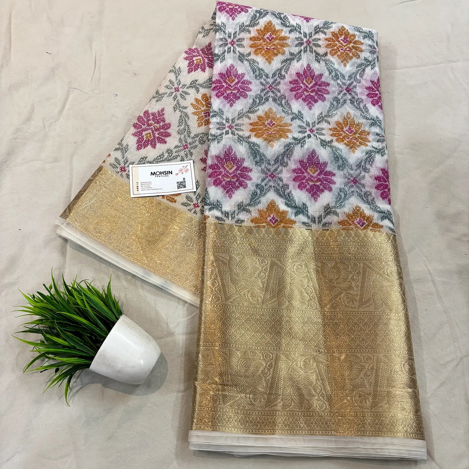 White Pink Printed Muga Silk Banarasi Saree