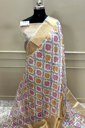 White Pink Printed Muga Silk Banarasi Saree