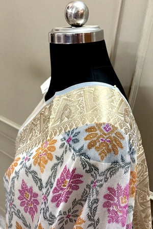 White Pink Printed Muga Silk Banarasi Saree