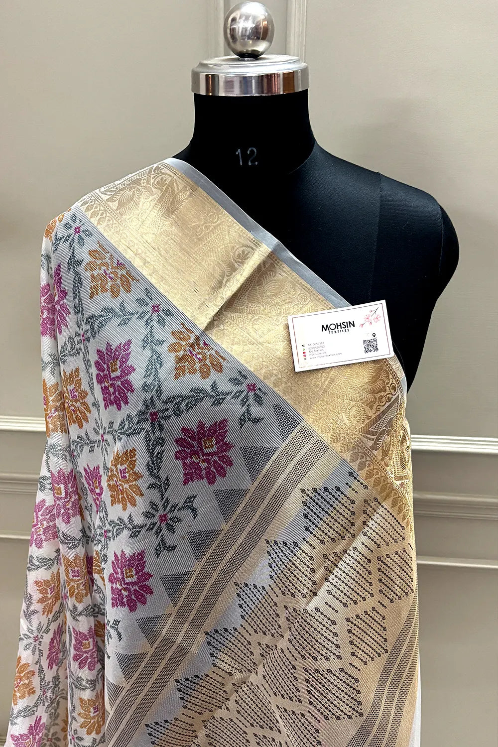 White Pink Printed Muga Silk Banarasi Saree