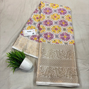White Pink Printed Muga Silk Banarasi Saree