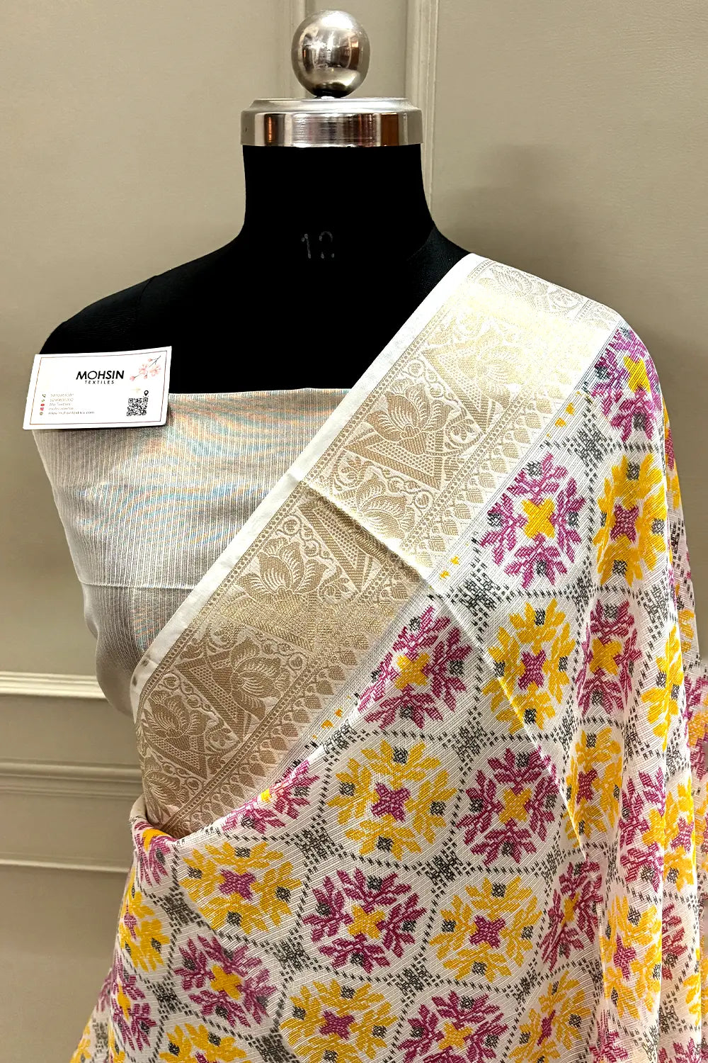 White Pink Printed Muga Silk Banarasi Saree