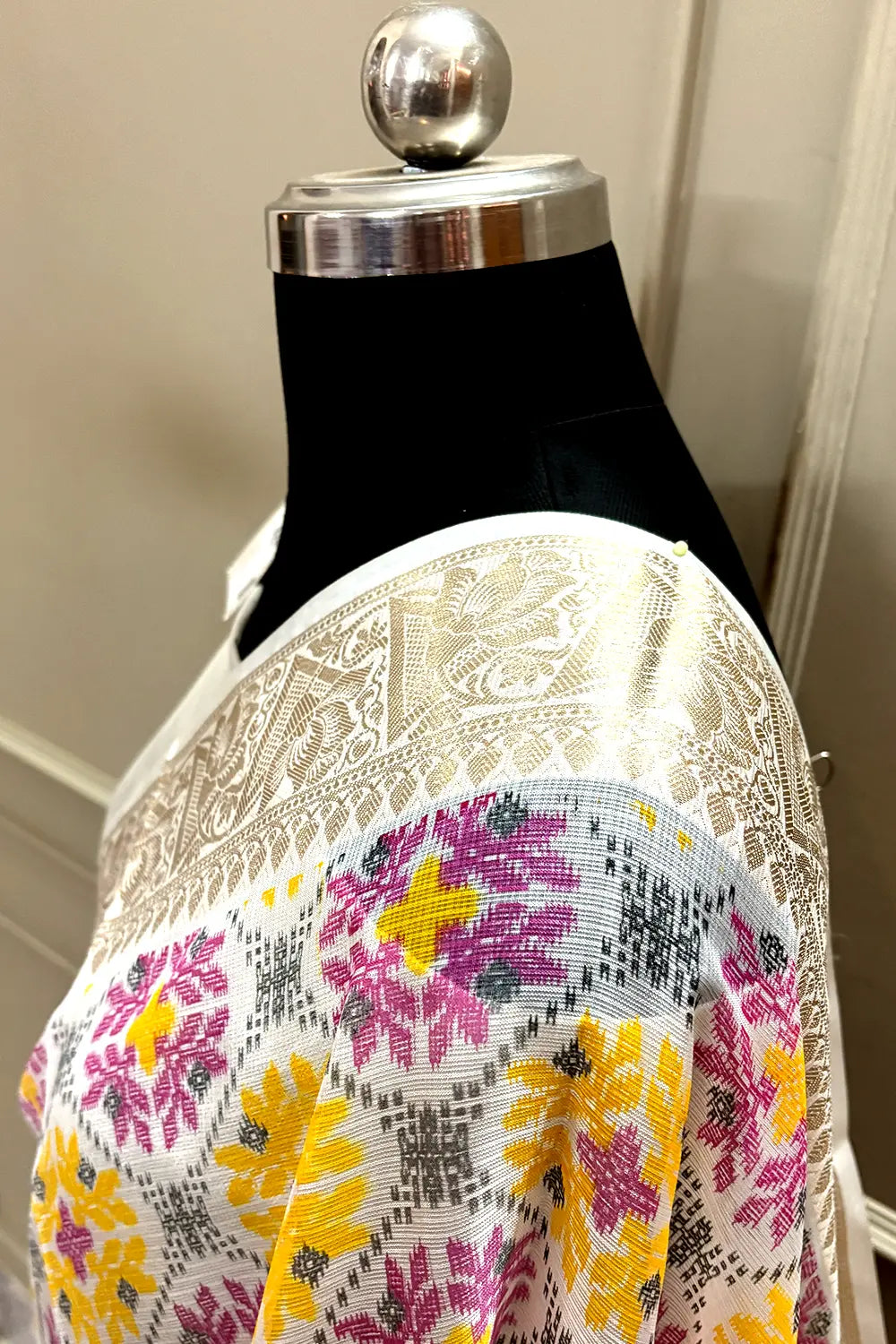 White Pink Printed Muga Silk Banarasi Saree