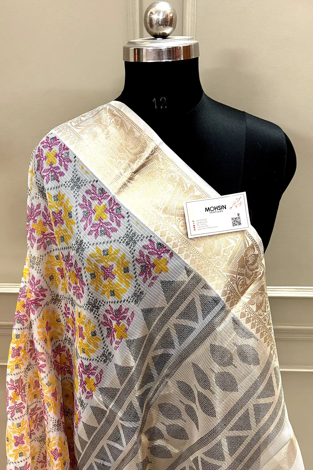 White Pink Printed Muga Silk Banarasi Saree