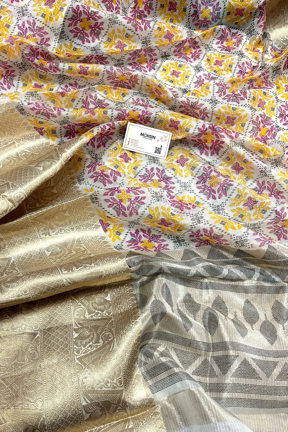 White Pink Printed Muga Silk Banarasi Saree