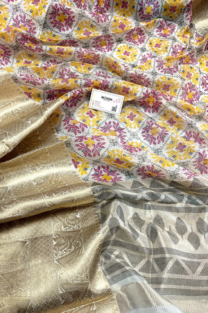 White Pink Printed Muga Silk Banarasi Saree