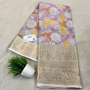 White Pink Printed Muga Silk Banarasi Saree